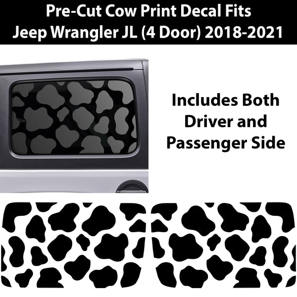 Precut Cow Print Rear Side Quarter Window Decal Stickers Fits The 4 Door Jeep Wrangler JLU 2018 - 2024 - Bogar Tech Designs