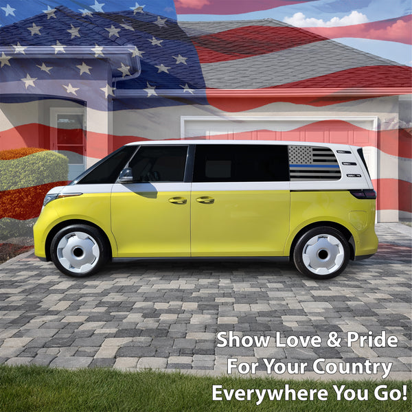 American Flag Quarter Window Decal for Volkswagen ID. Buzz 2025 – Precut Matte Black Vinyl
