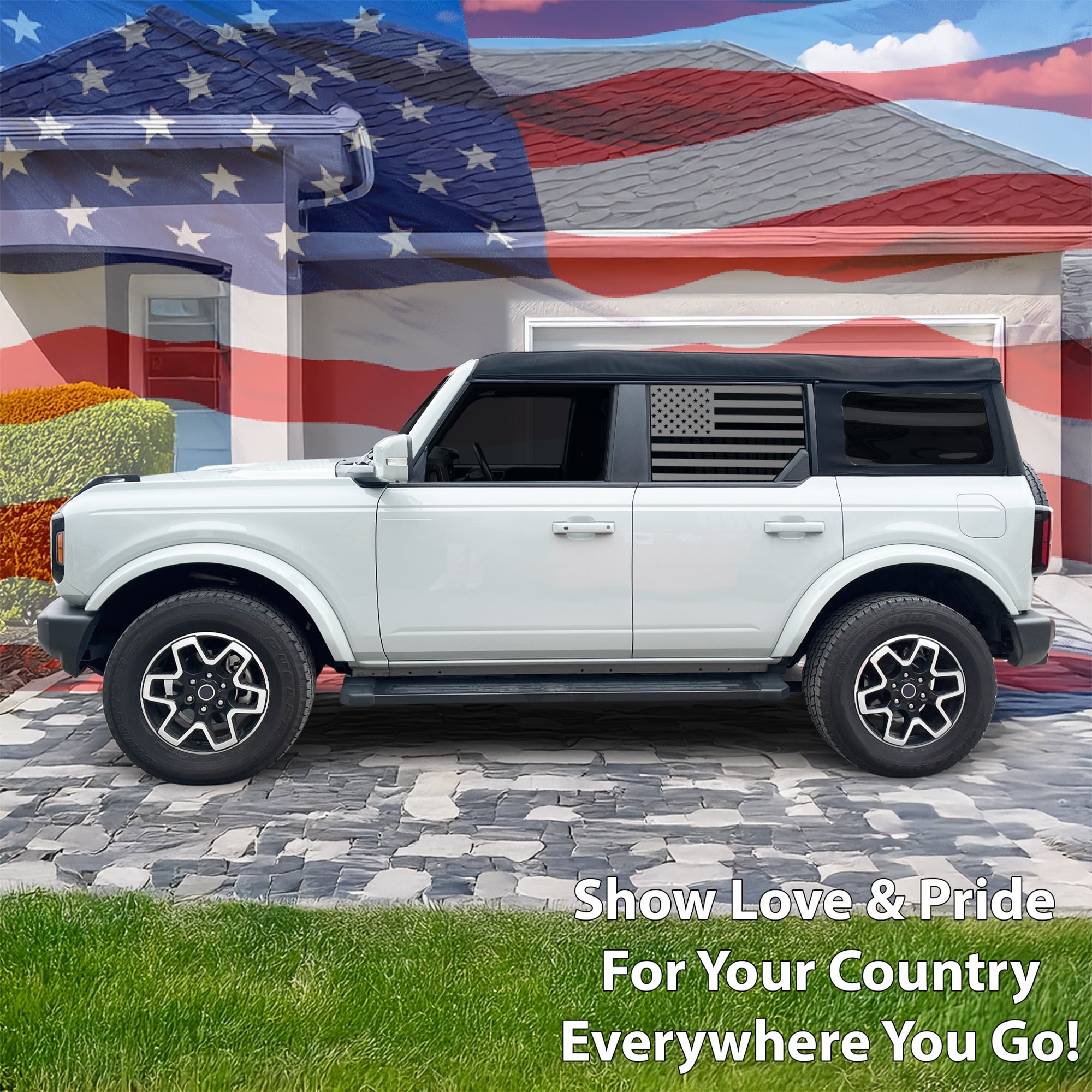 American Flag Window Decal for Ford Bronco 4 Door 2021-2026 – Precut Matte Black Vinyl