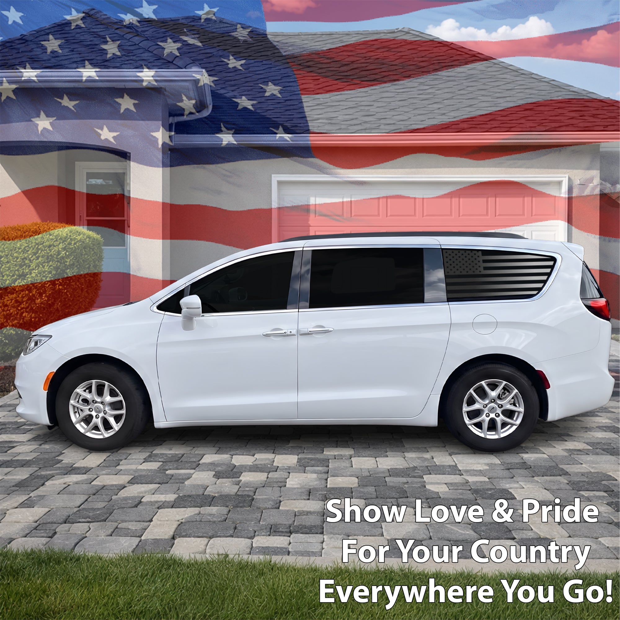 American Flag Quarter Window Decal for Chrysler Pacifica 2017-2026 – Precut Matte Black Vinyl