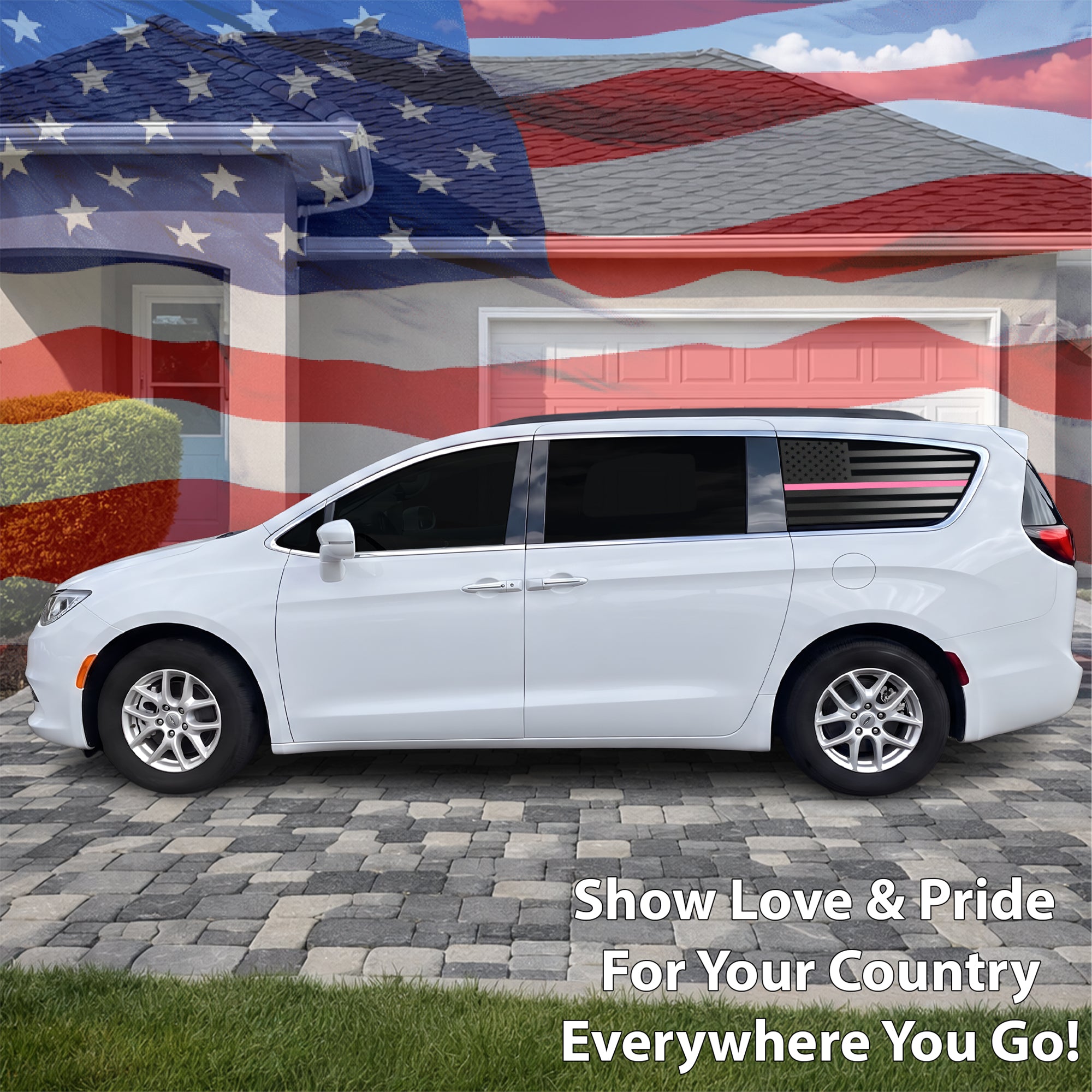 American Flag Quarter Window Decal for Chrysler Pacifica 2017-2026 – Precut Matte Black Vinyl