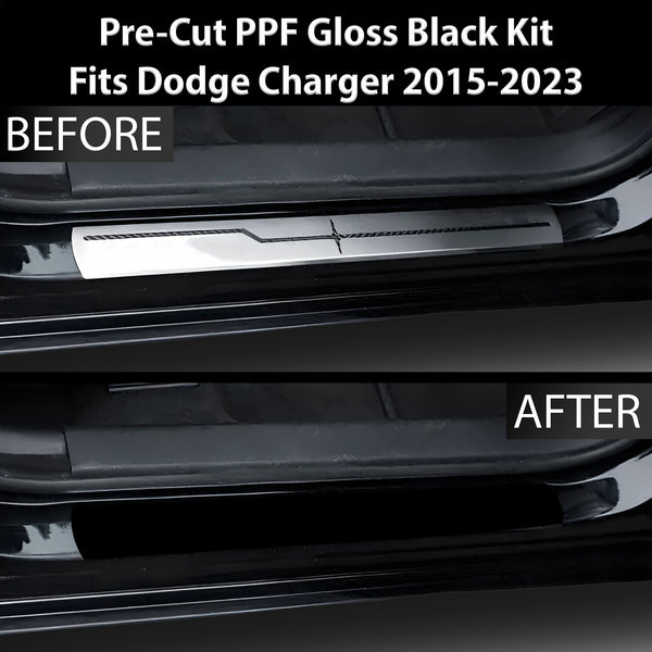 Fits Dodge Charger 2015-2023 Precut Door Sill Premium Paint Protection Film PPF Decal Film Kit Cover, Gloss Black Carbon Fiber