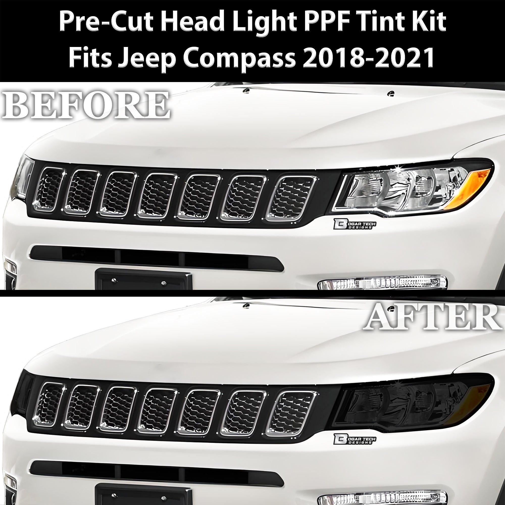 Full Headlight Taillight Precut Smoked PPF Tint Kit Film Overlay Fits Jeep Compass 2018 - 2025 - Bogar Tech Designs