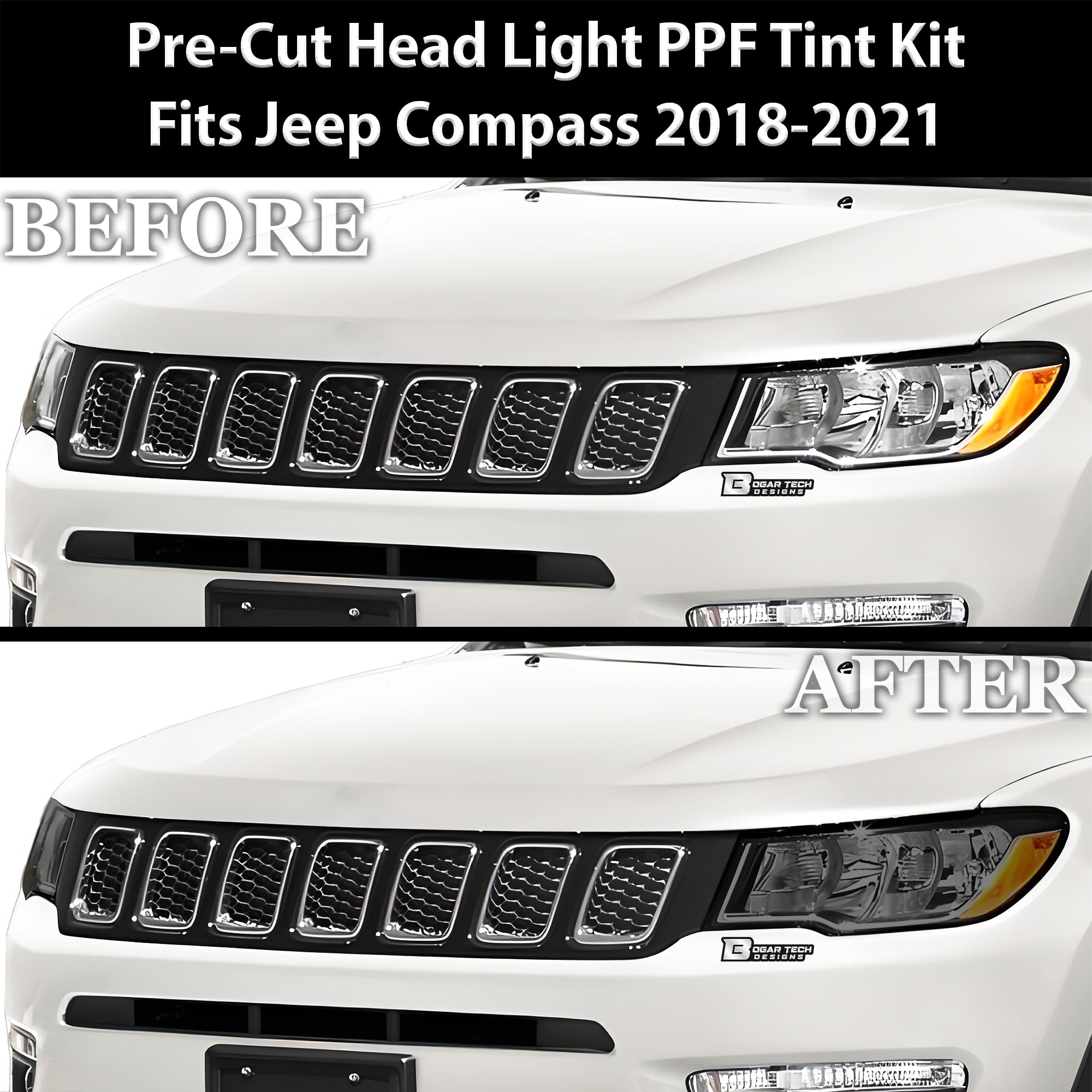 Full Headlight Taillight Precut Smoked PPF Tint Kit Film Overlay Fits Jeep Compass 2018 - 2025 - Bogar Tech Designs