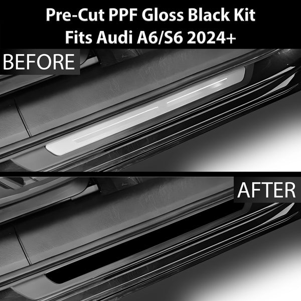 Fits Audi A6 S6 2019+ Precut Door Sill Premium Paint Protection Film PPF Decal Film Kit Cover, Gloss Black Carbon Fiber