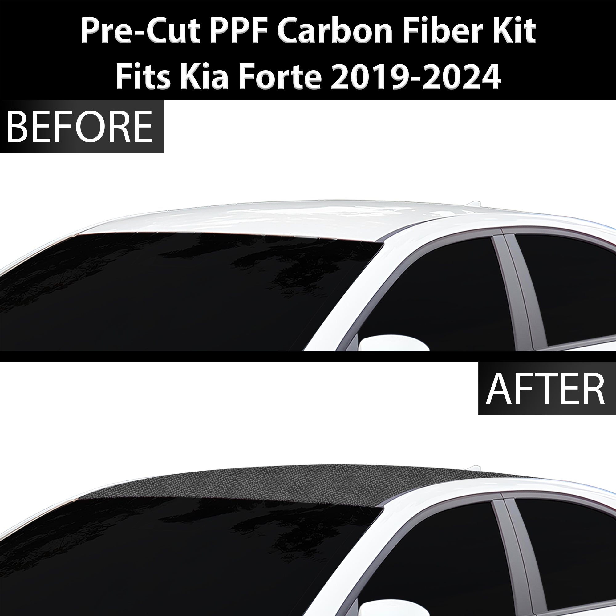 Fits KIA Forte 2019 - 2024 Precut Premium Gloss Black Carbon Fiber Roof Paint Protection Film PPF Decal Film Kit Coverage - Bogar Tech Designs