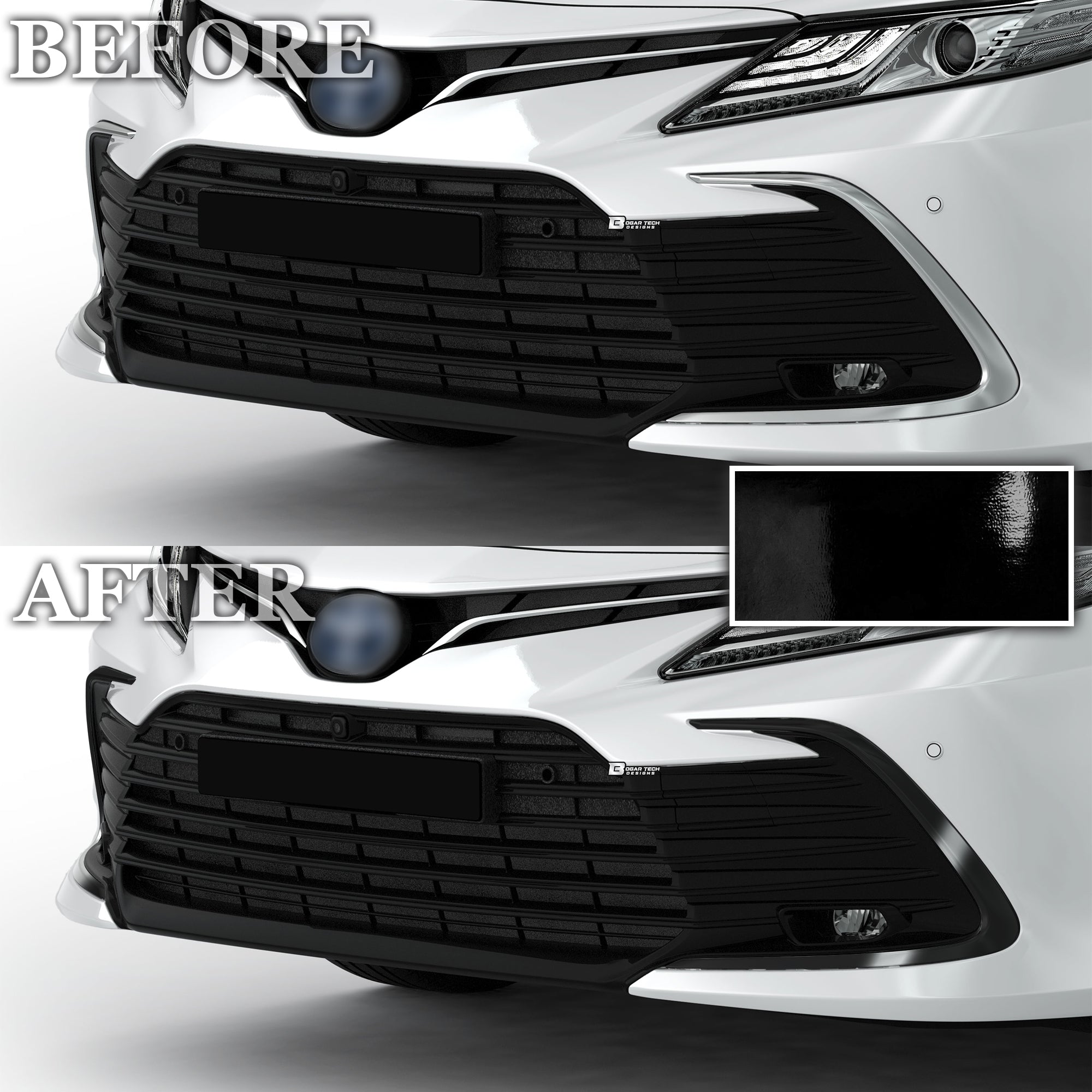 Vinyl Chrome Delete Sides Window Trim Front Bezel Blackout Decal Stickers Overlay Film Fits Toyota Camry 2018 - 2024 - Bogar Tech Designs