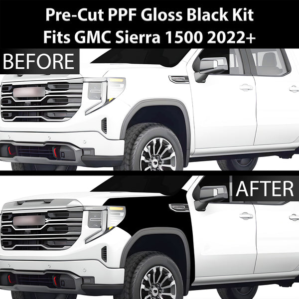 Fits GMC Sierra 1500 2022+ Precut Premium Gloss Black Carbon Fiber Fender Paint Protection Film PPF Decal Film Kit Cover