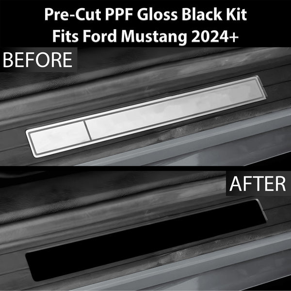 Fits Ford Mustang 2024+ Precut Door Sill Premium Paint Protection Film PPF Decal Film Kit Cover, Gloss Black Carbon Fiber