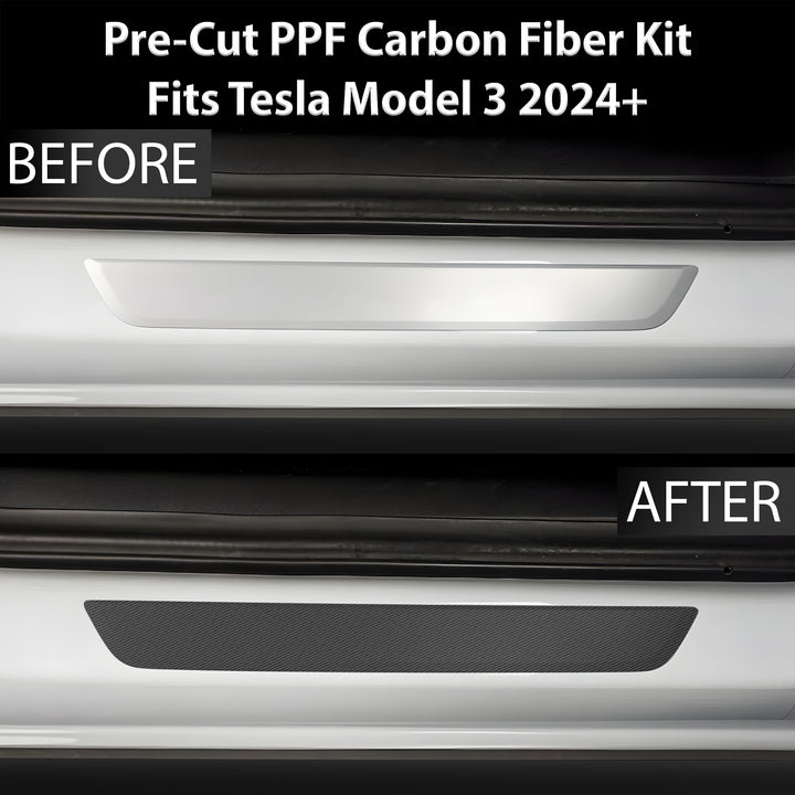Fits Tesla Model 3 2024+ Precut Door Sill Premium Paint Protection Film PPF Decal Film Kit Cover, Gloss Black Carbon Fiber - Bogar Tech Designs