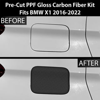 Fits BMW X1 2016-2022 Precut Fuel Door Premium Paint Protection Film PPF Decal Film Kit Gas Cap Cover, Gloss Black Carbon Fiber