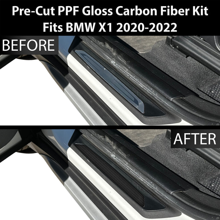 Fits BMW X1 2020 - 2022 Precut Door Sill Premium Paint Protection Film PPF Decal Film Kit, Gloss Black Carbon Fiber - Bogar Tech Designs