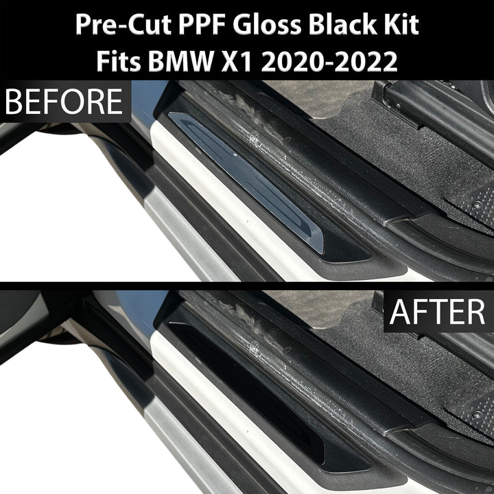 Fits BMW X1 2020 - 2022 Precut Door Sill Premium Paint Protection Film PPF Decal Film Kit, Gloss Black Carbon Fiber - Bogar Tech Designs