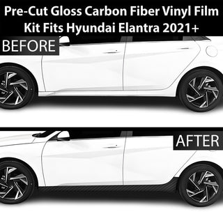 Fits Hyundai Elantra 2021+ Side Skirt Rocker Panel Vinyl Blackout Decal Stickers Overlay Film, Carbon Fiber & Gloss Black