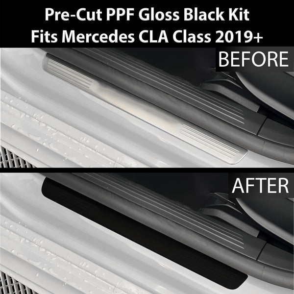 Fits Mercedes-Benz CLA Class 2019+ Precut Door Sill Premium Paint Protection Film PPF Decal Film Kit Cover, Gloss Black Carbon Fiber