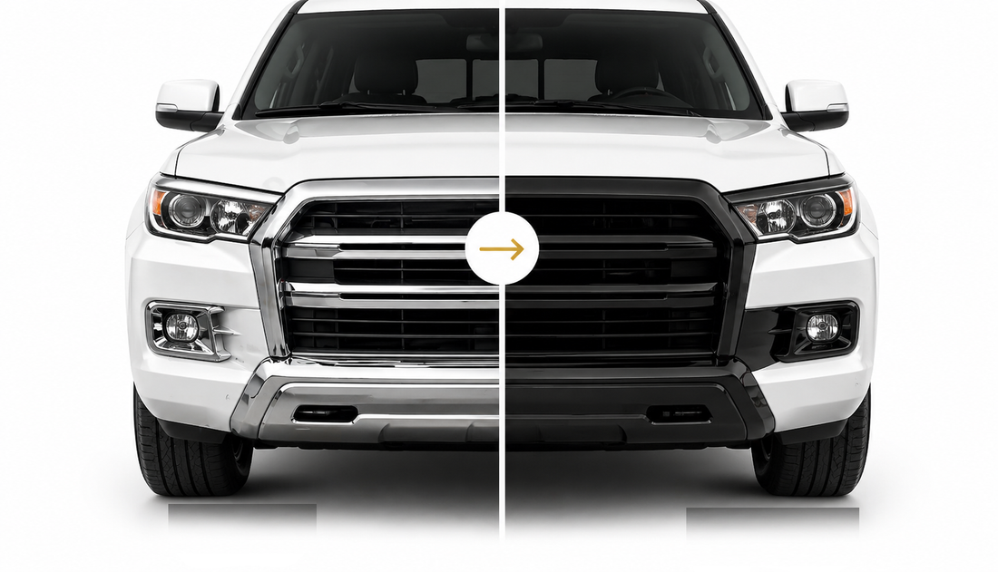 Before and after chrome delete vehicle comparison