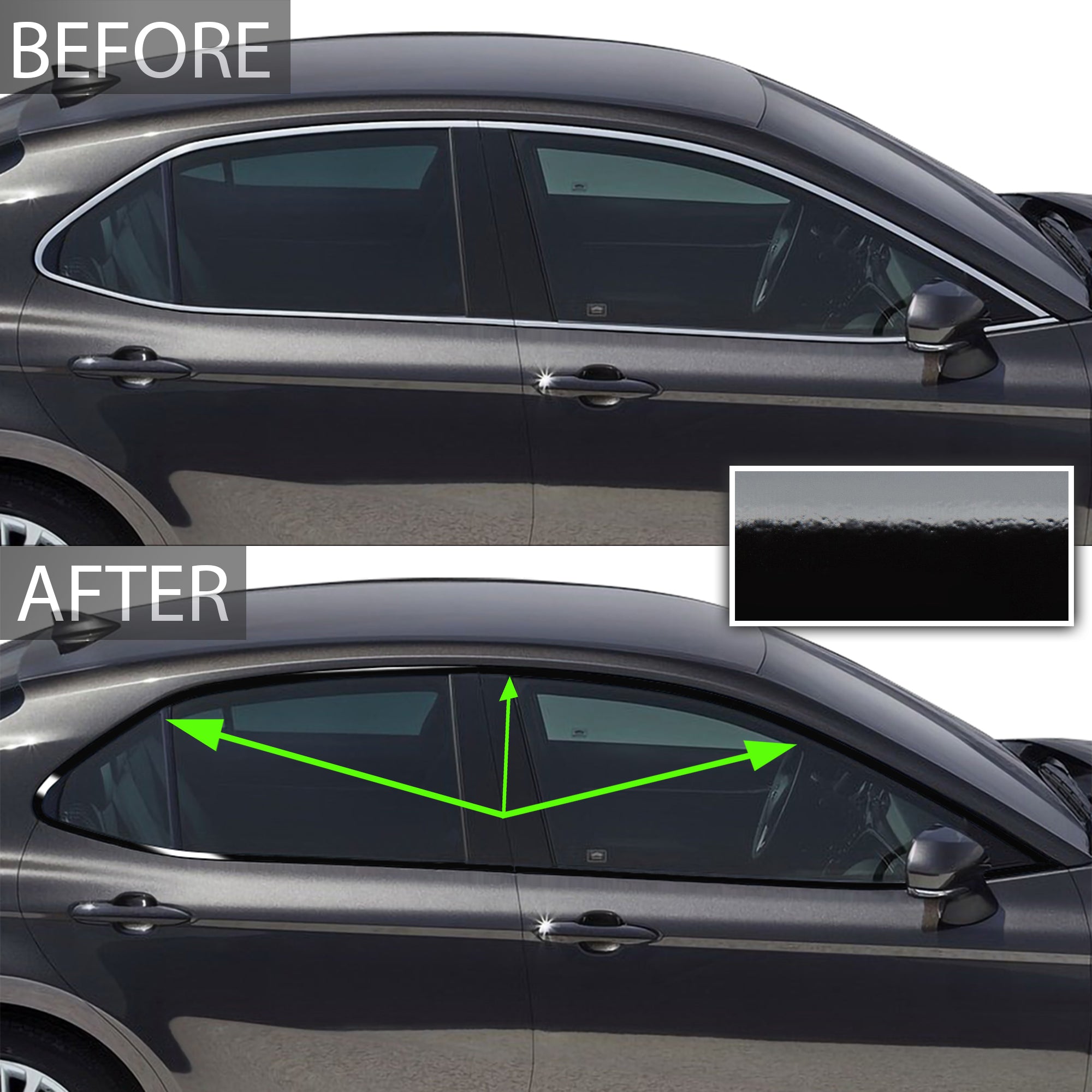 Vinyl Chrome Delete Sides Window Trim Front Bezel Blackout Decal Stickers Overlay Film Fits Toyota Camry 2018 - 2024 - Bogar Tech Designs