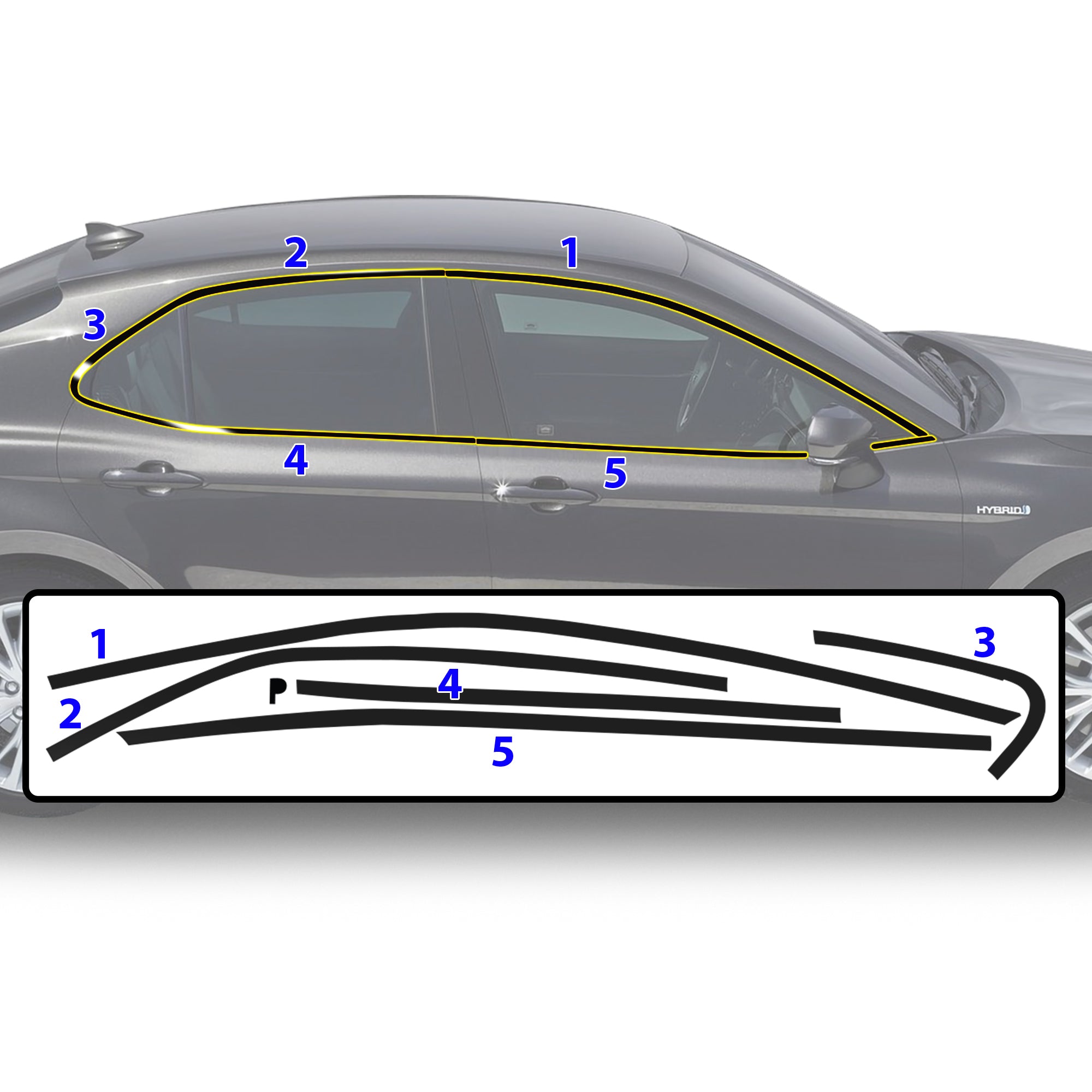 Vinyl Chrome Delete Sides Window Trim Front Bezel Blackout Decal Stickers Overlay Film Fits Toyota Camry 2018 - 2024 - Bogar Tech Designs