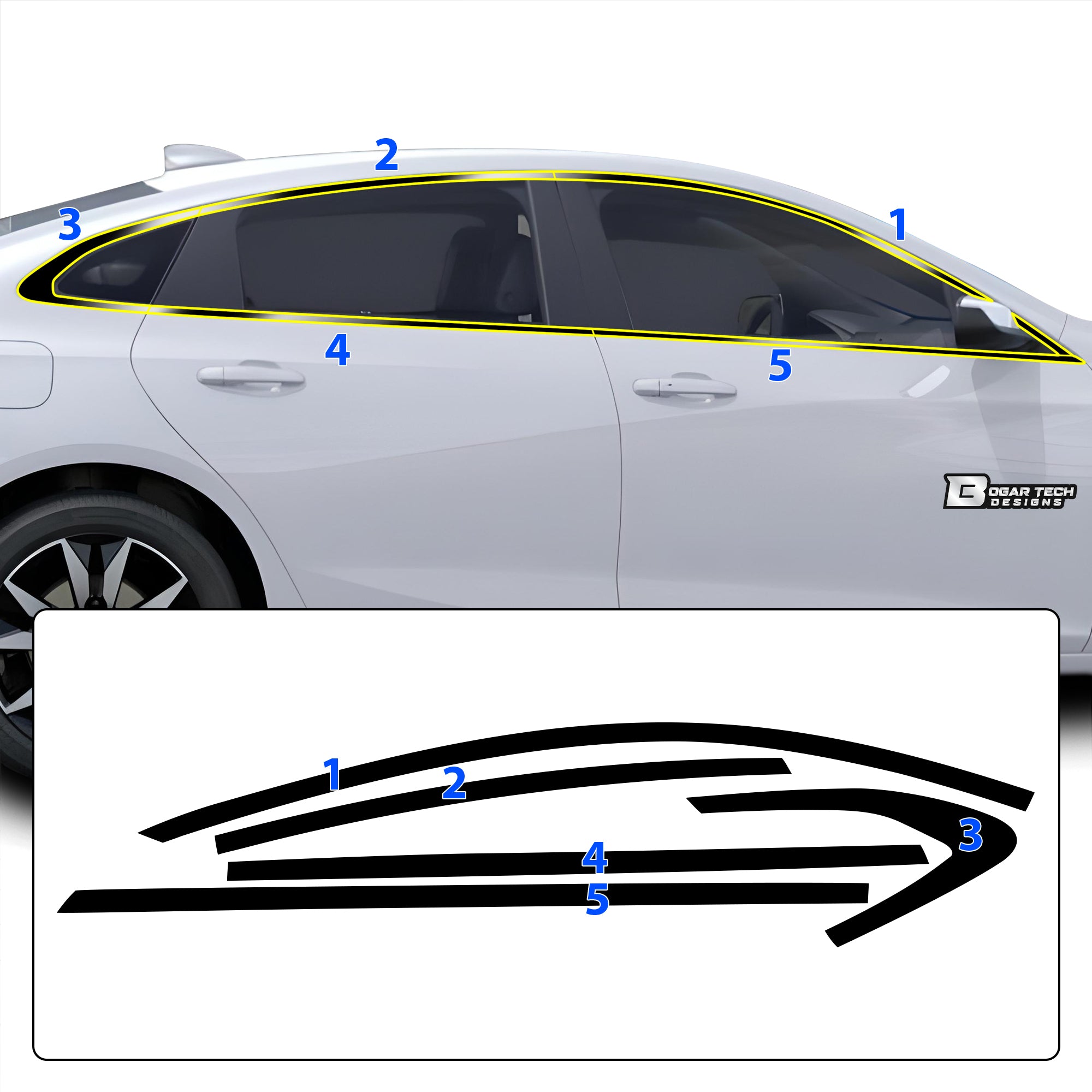 Vinyl Chrome Delete Side Window Front Bumper Wheel Rim Trim Blackout Decal Stickers Overlay Film Fits Chevrolet Malibu 2019 - 2025 - Bogar Tech Designs