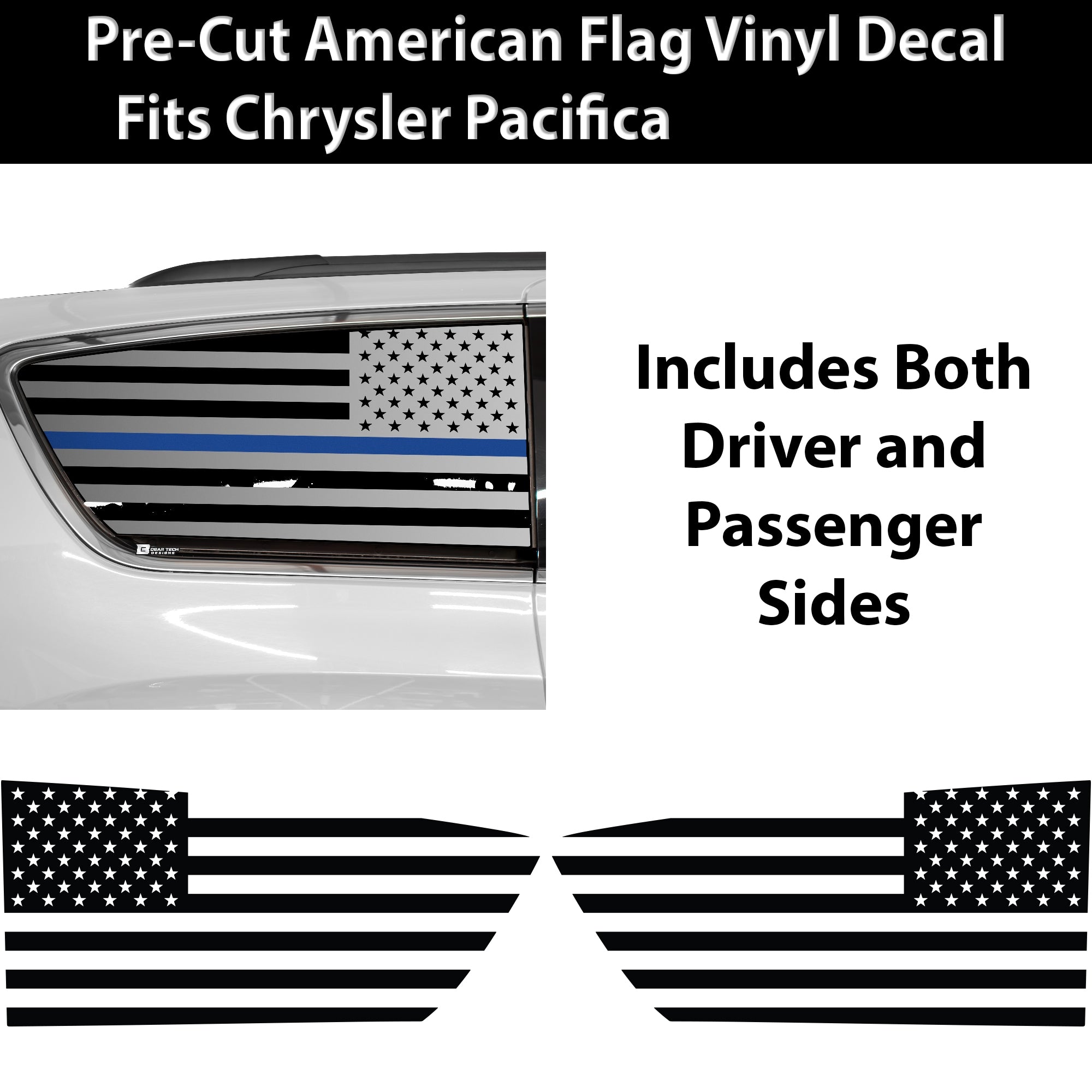 American Flag Quarter Window Decal for Chrysler Pacifica 2017-2026 – Precut Matte Black Vinyl