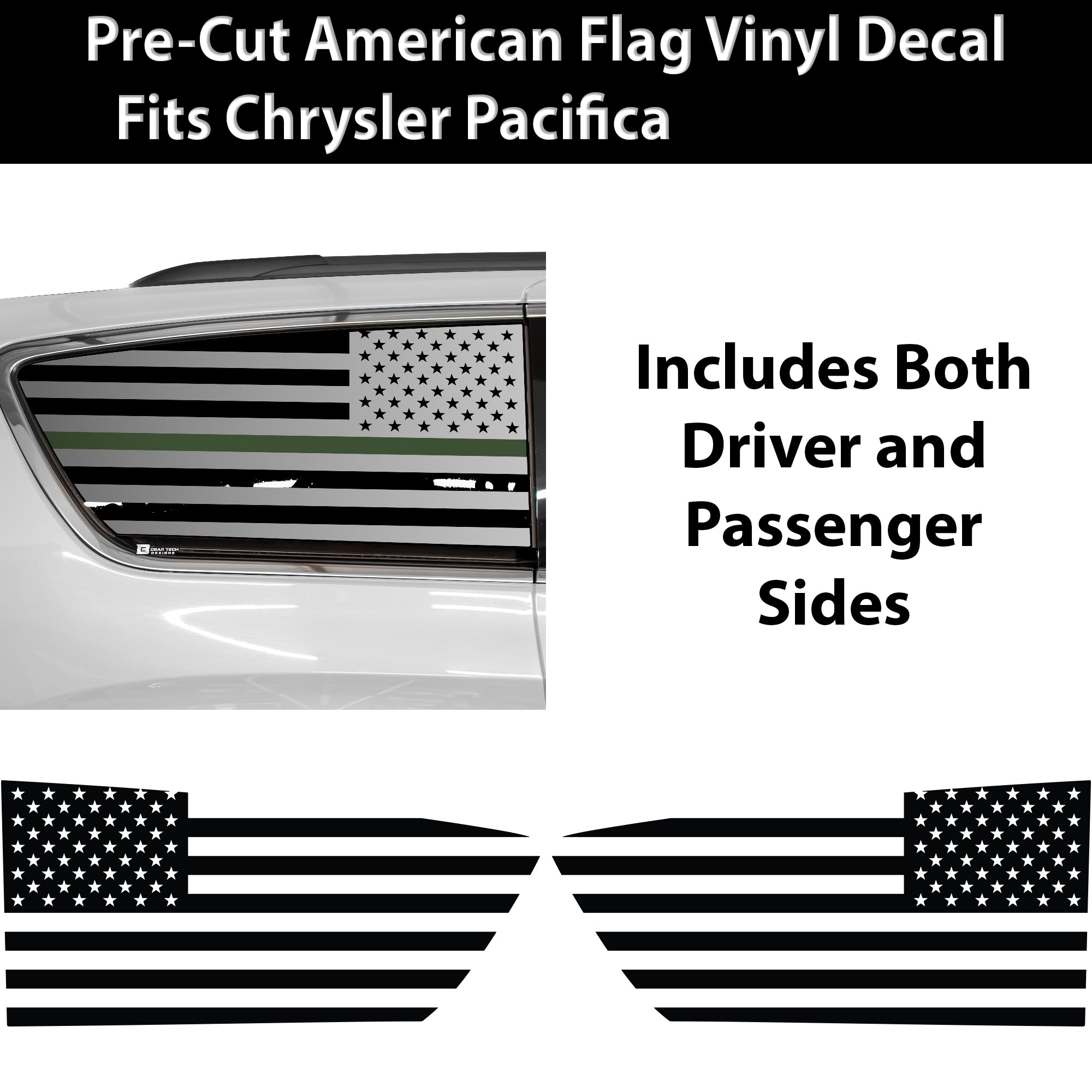 American Flag Quarter Window Decal for Chrysler Pacifica 2017-2026 – Precut Matte Black Vinyl
