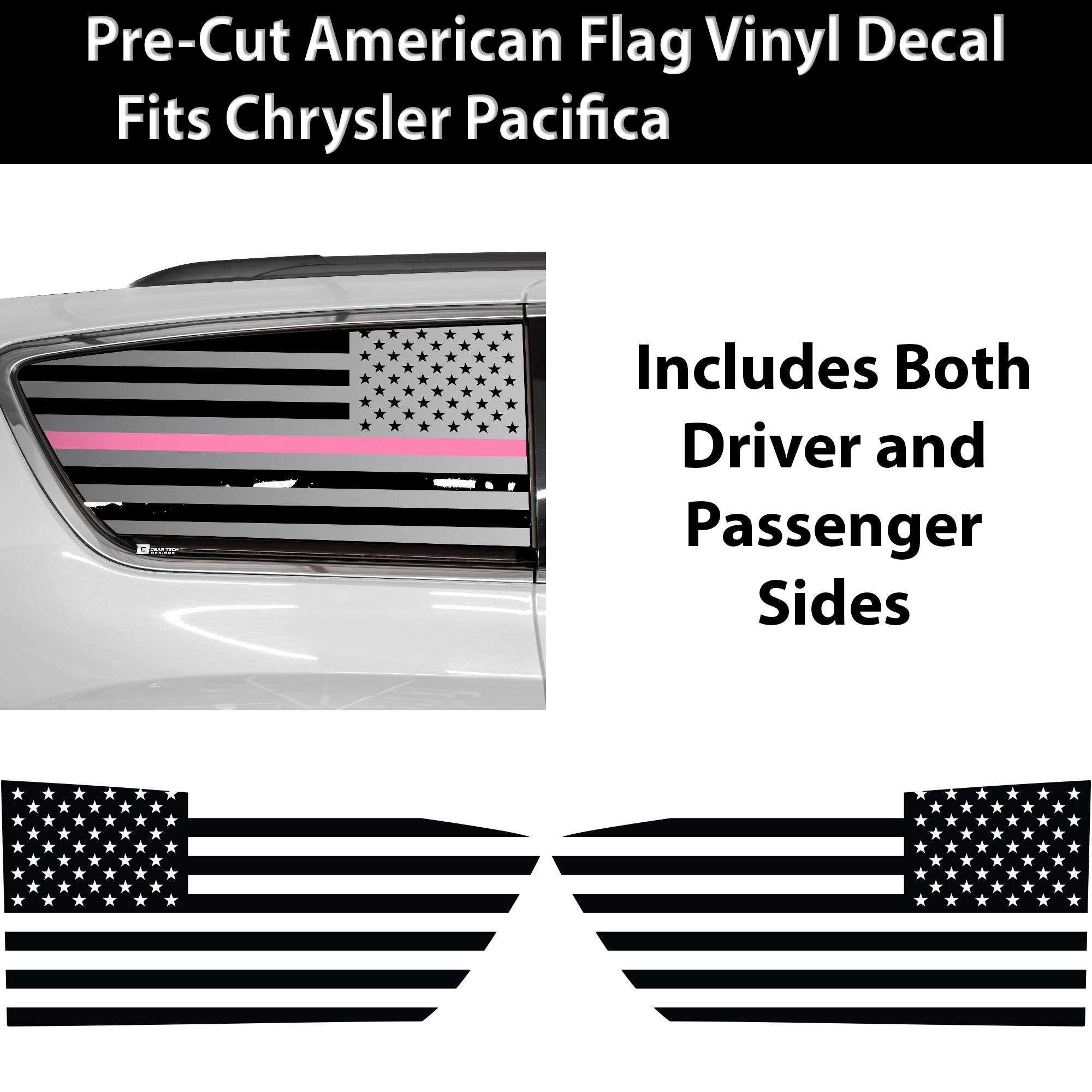 American Flag Quarter Window Decal for Chrysler Pacifica 2017-2026 – Precut Matte Black Vinyl