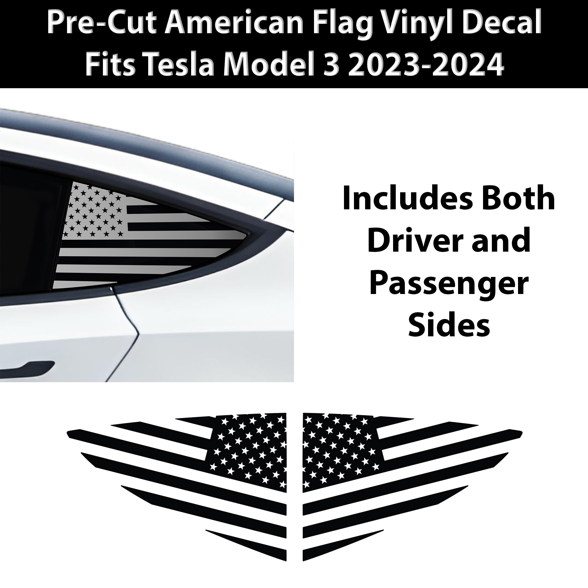 Quarter Window American Flag Vinyl Decal Stickers Fits Tesla Model 3 2023 - 2025 - Bogar Tech Designs