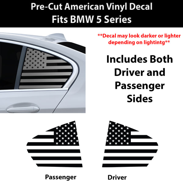American Flag Quarter Window Decal for BMW 5 Series 2021-2023 – Precut Matte Black Vinyl