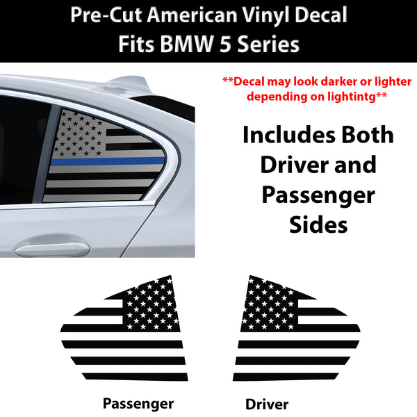 American Flag Quarter Window Decal for BMW 5 Series 2021-2023 – Precut Matte Black Vinyl