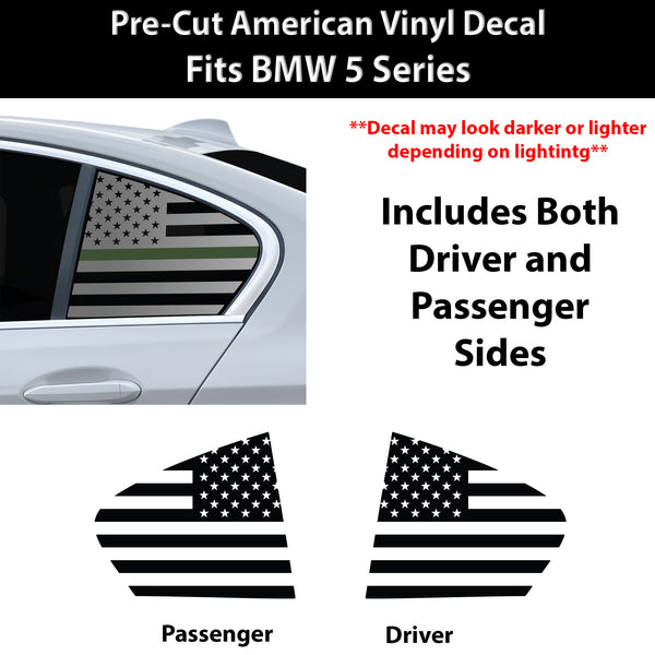 American Flag Quarter Window Decal for BMW 5 Series 2021-2023 – Precut Matte Black Vinyl