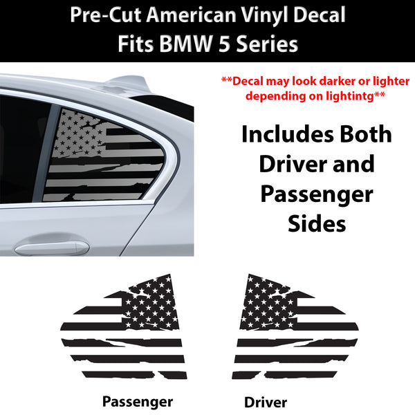 American Flag Quarter Window Decal for BMW 5 Series 2021-2023 – Precut Matte Black Vinyl