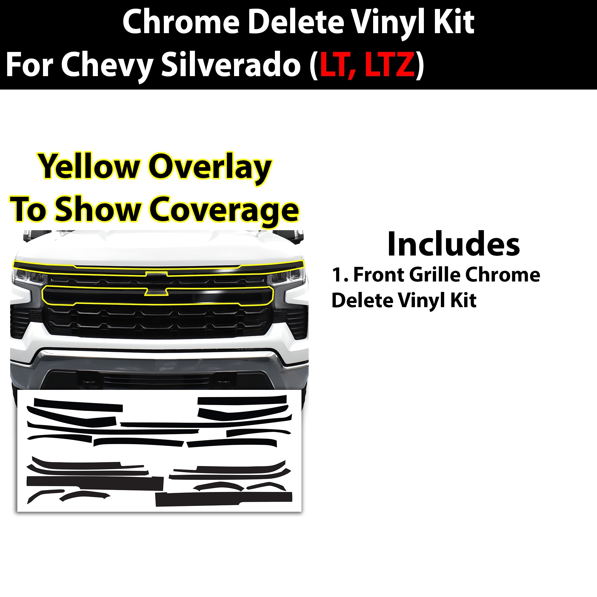 Vinyl Chrome Delete Front Grille Blackout Decal Stickers Overlay Film Fits Chevy Silverado 1500 2022 - 2025 - Bogar Tech Designs
