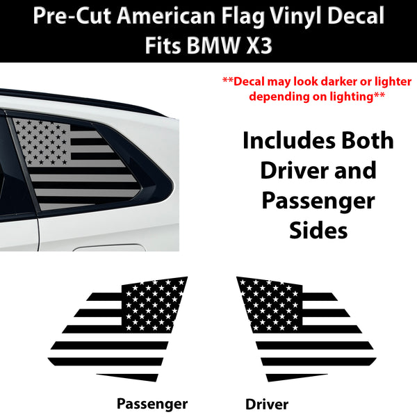 American Flag Quarter Window Decal for BMW X3 2025-2026 – Precut Matte Black Vinyl