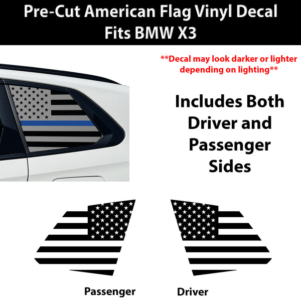 American Flag Quarter Window Decal for BMW X3 2025-2026 – Precut Matte Black Vinyl