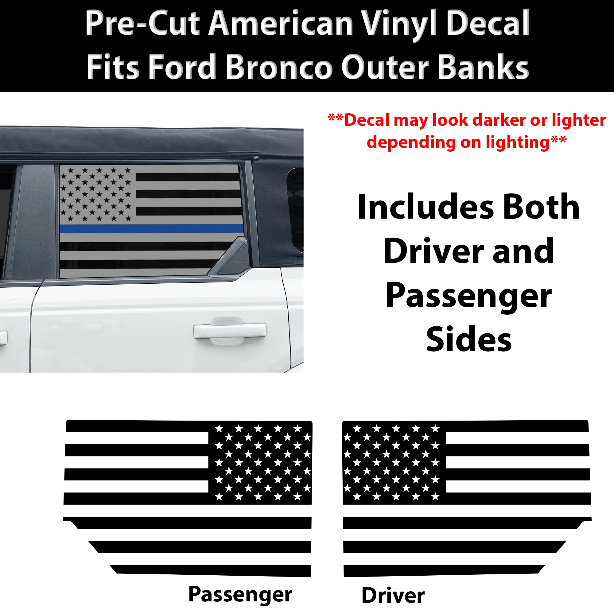 American Flag Window Decal for Ford Bronco 4 Door 2021-2026 – Precut Matte Black Vinyl