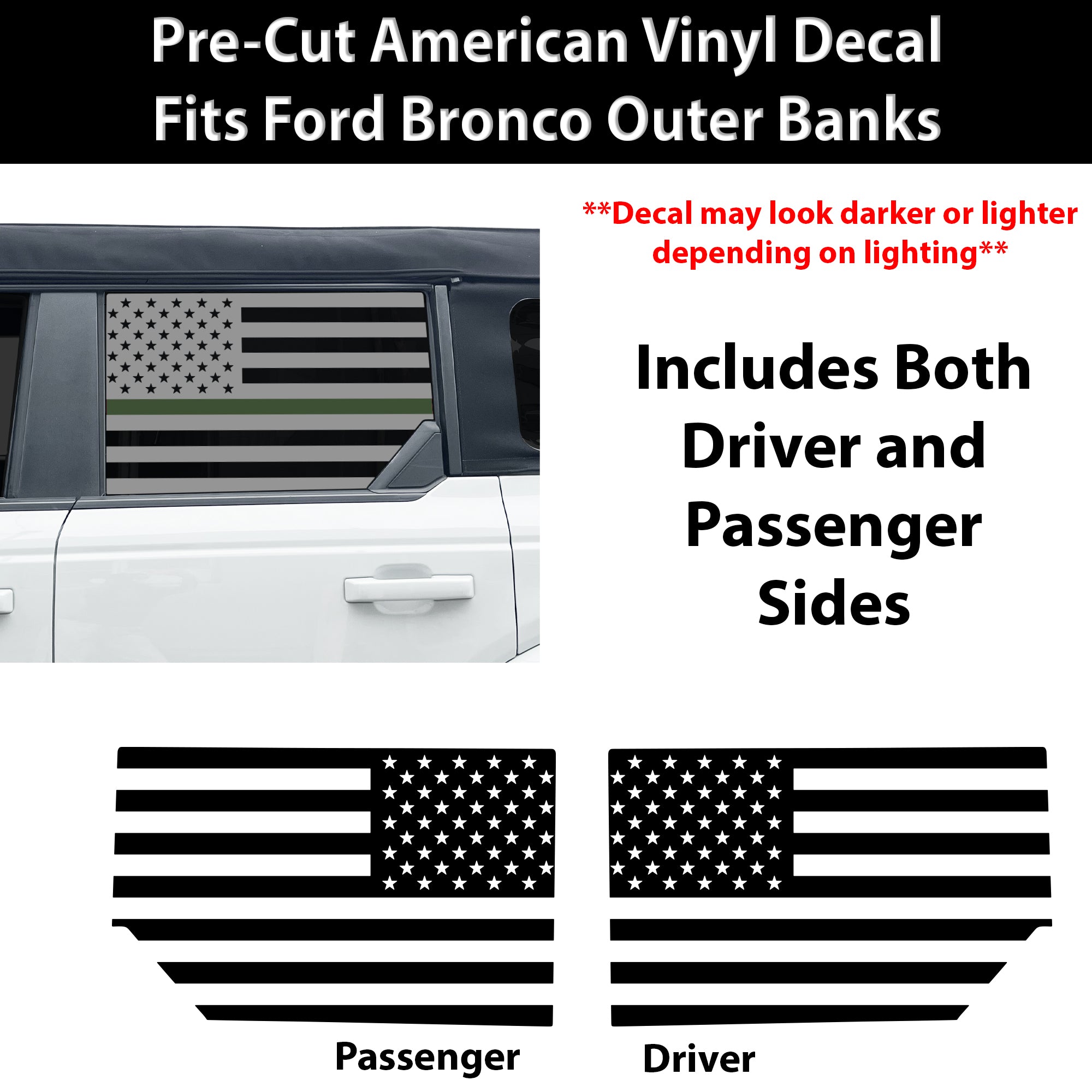 American Flag Window Decal for Ford Bronco 4 Door 2021-2026 – Precut Matte Black Vinyl