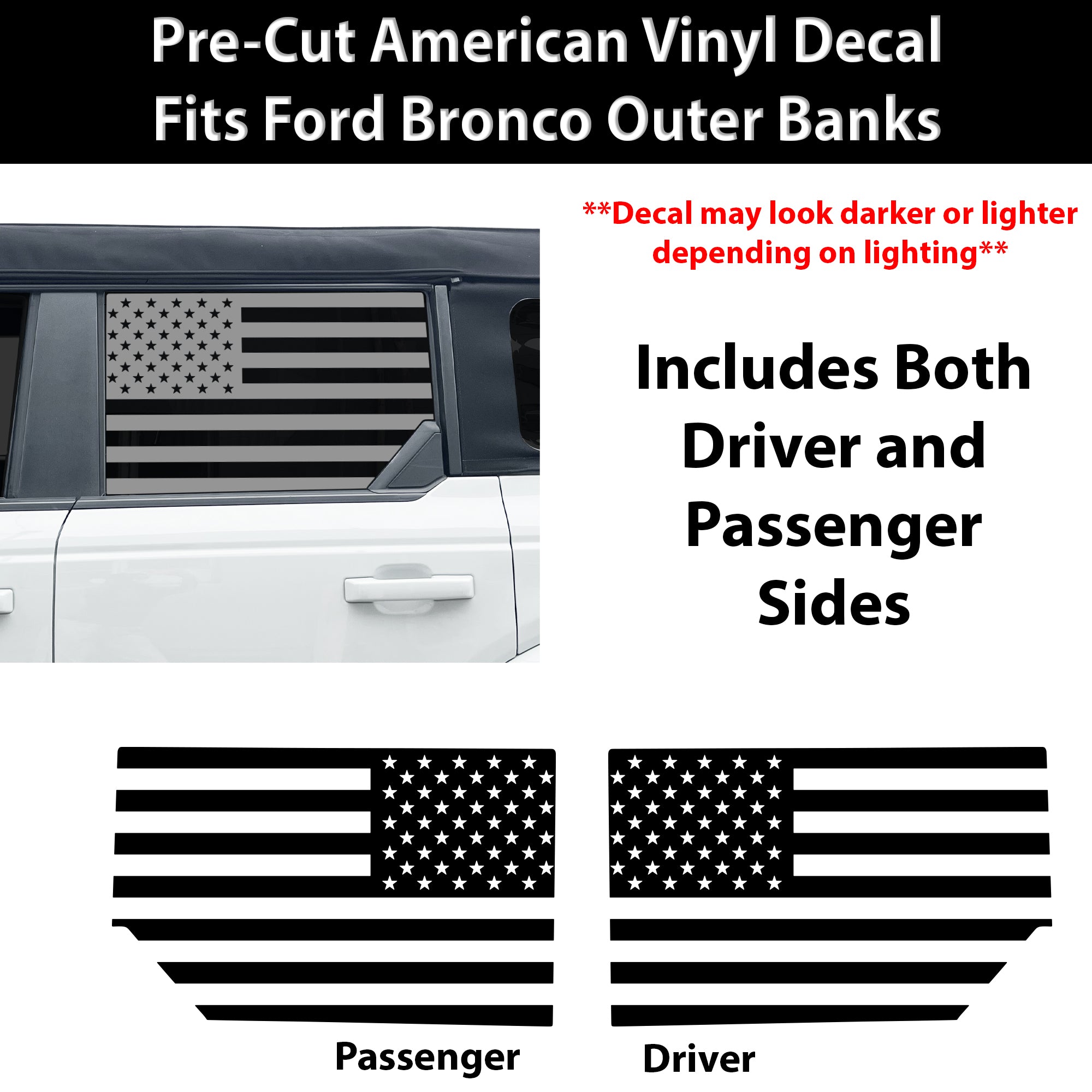 American Flag Window Decal for Ford Bronco 4 Door 2021-2026 – Precut Matte Black Vinyl