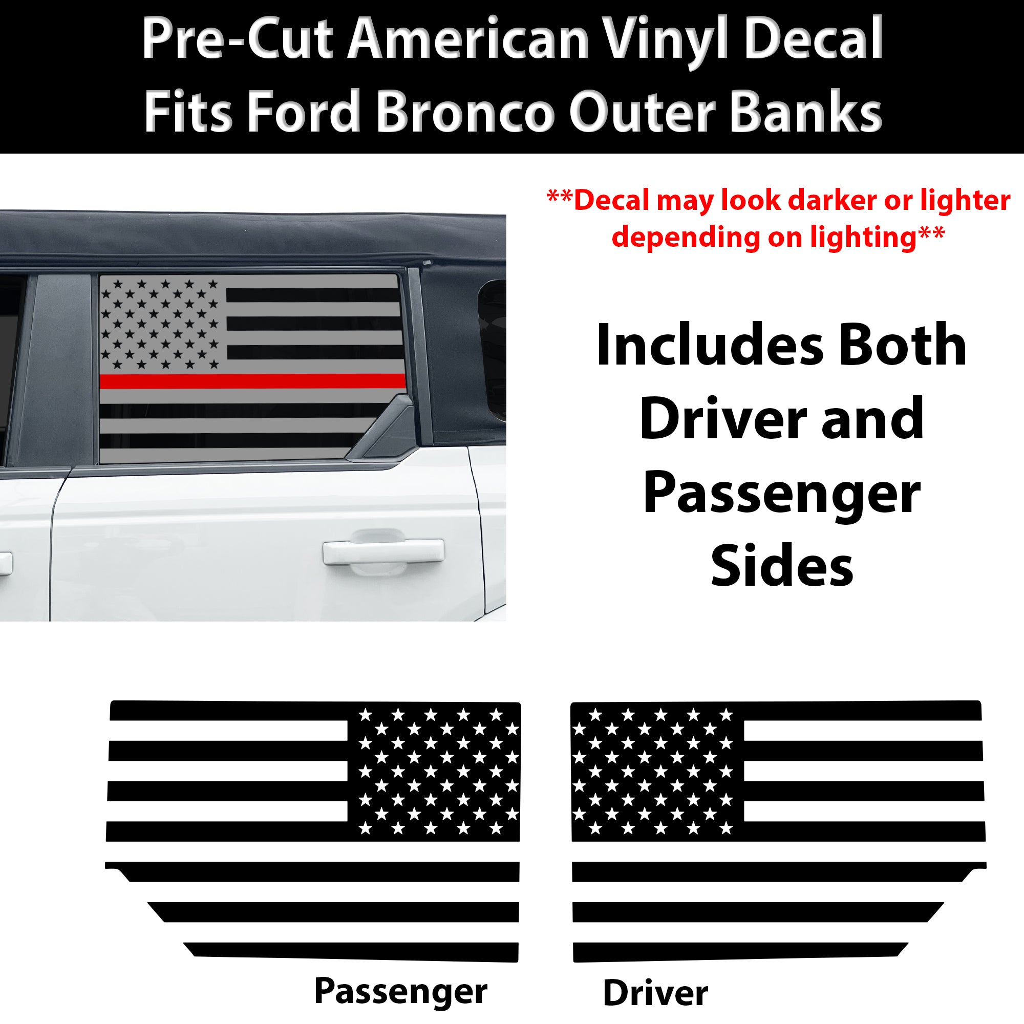 American Flag Window Decal for Ford Bronco 4 Door 2021-2026 – Precut Matte Black Vinyl