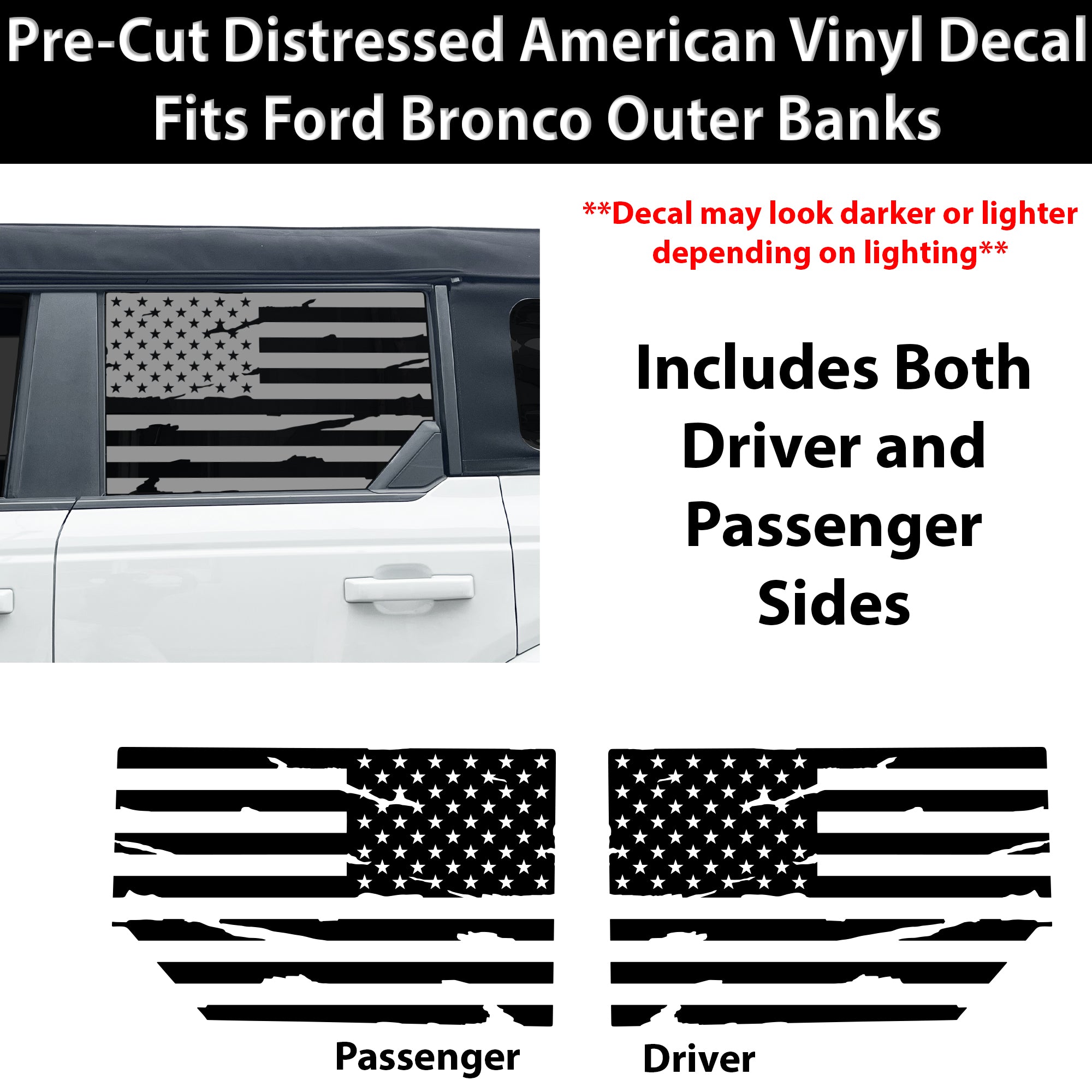 American Flag Window Decal for Ford Bronco 4 Door 2021-2026 – Precut Matte Black Vinyl