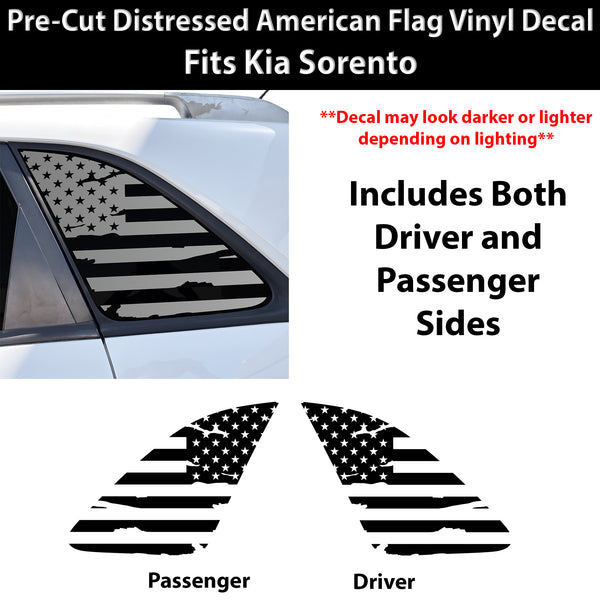 Fits Kia Sorento 2011-2015 Quarter Window American Flag Vinyl Decal Stickers - Matte Black