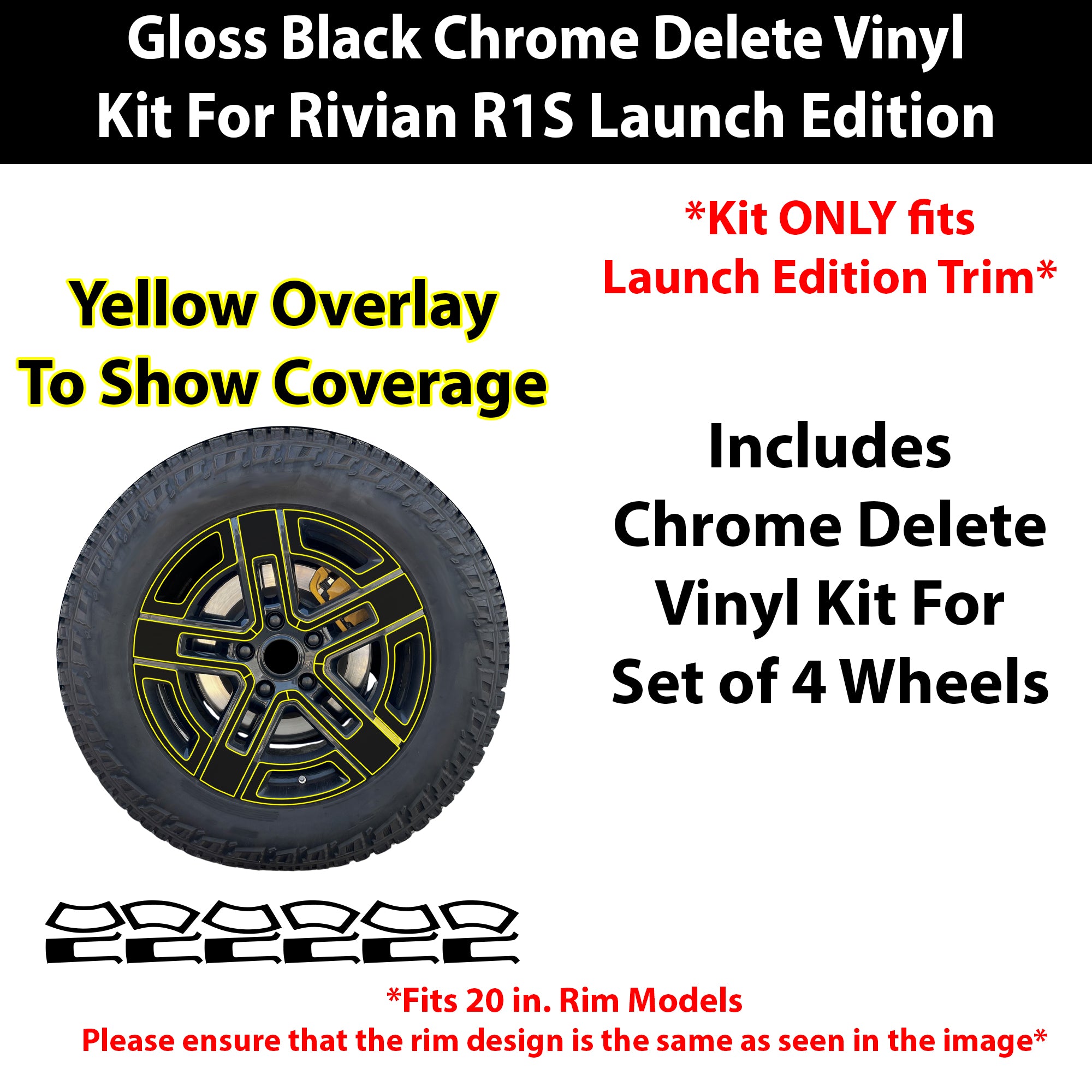 Rivian R1S 2022-2026 Blackout Chrome Delete Kit - Precut Gloss Black Vinyl Overlays