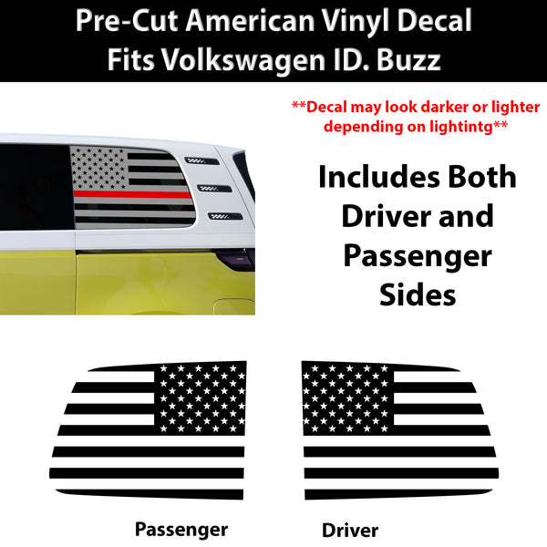 American Flag Quarter Window Decal for Volkswagen ID. Buzz 2025 – Precut Matte Black Vinyl