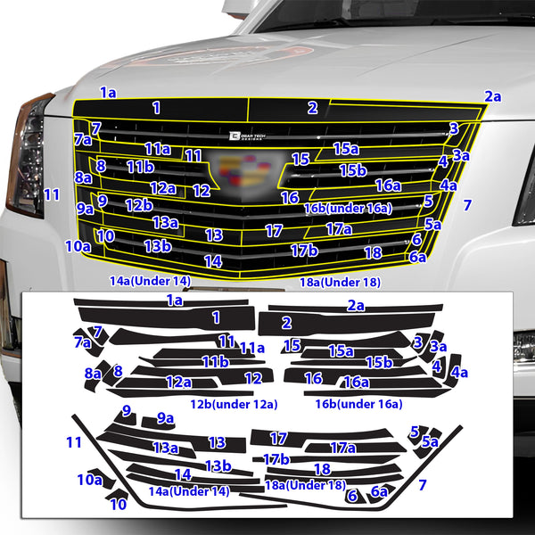 Vinyl Chrome Delete Grille Side Window Rear Blackout Decal Stickers Overlay Film Fits Cadillac Escalade 2015-2020