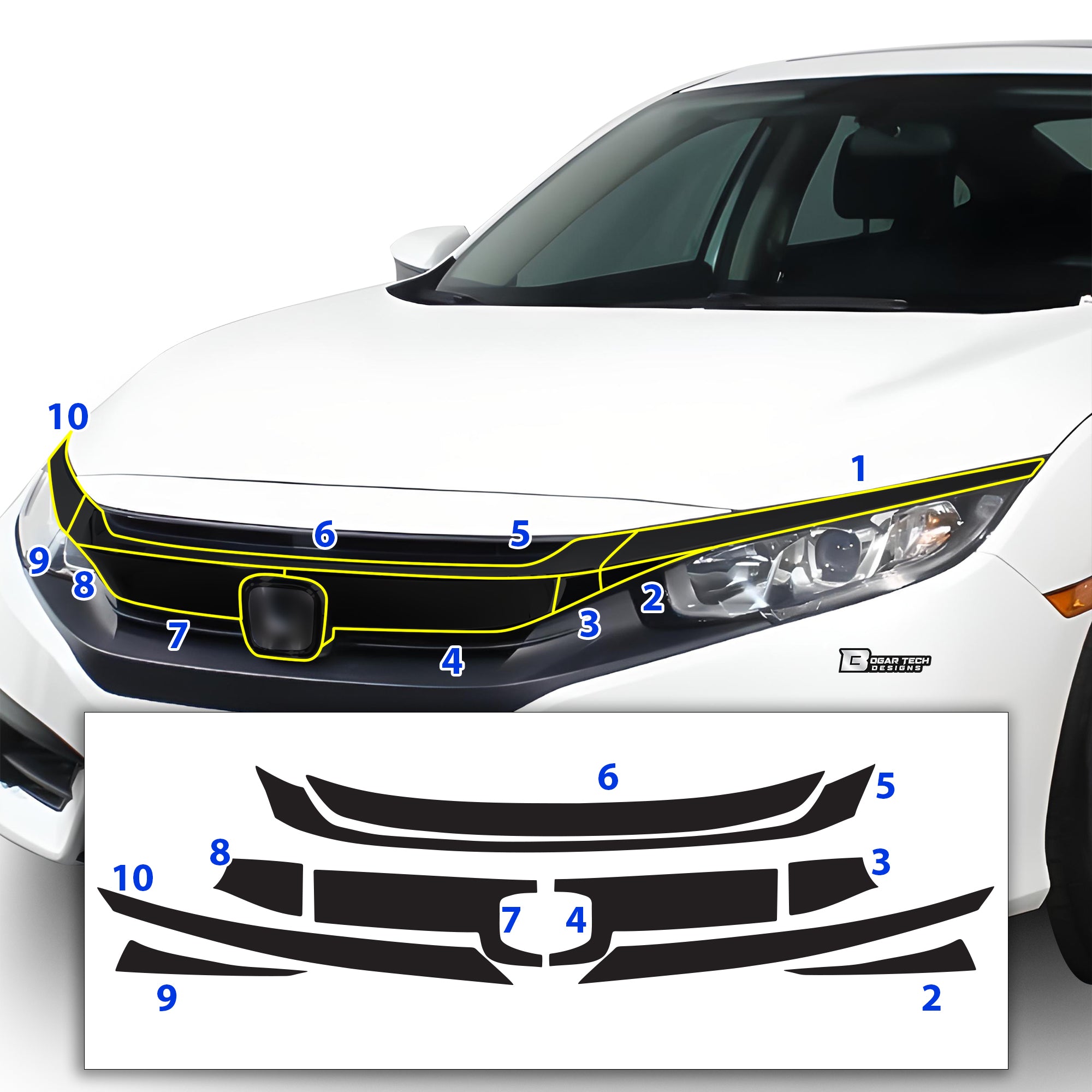 Vinyl Chrome Delete Grille Side Wheel Window Blackout Decal Stickers Overlay Film Fits Honda Civic 2016 - 2021 - Bogar Tech Designs
