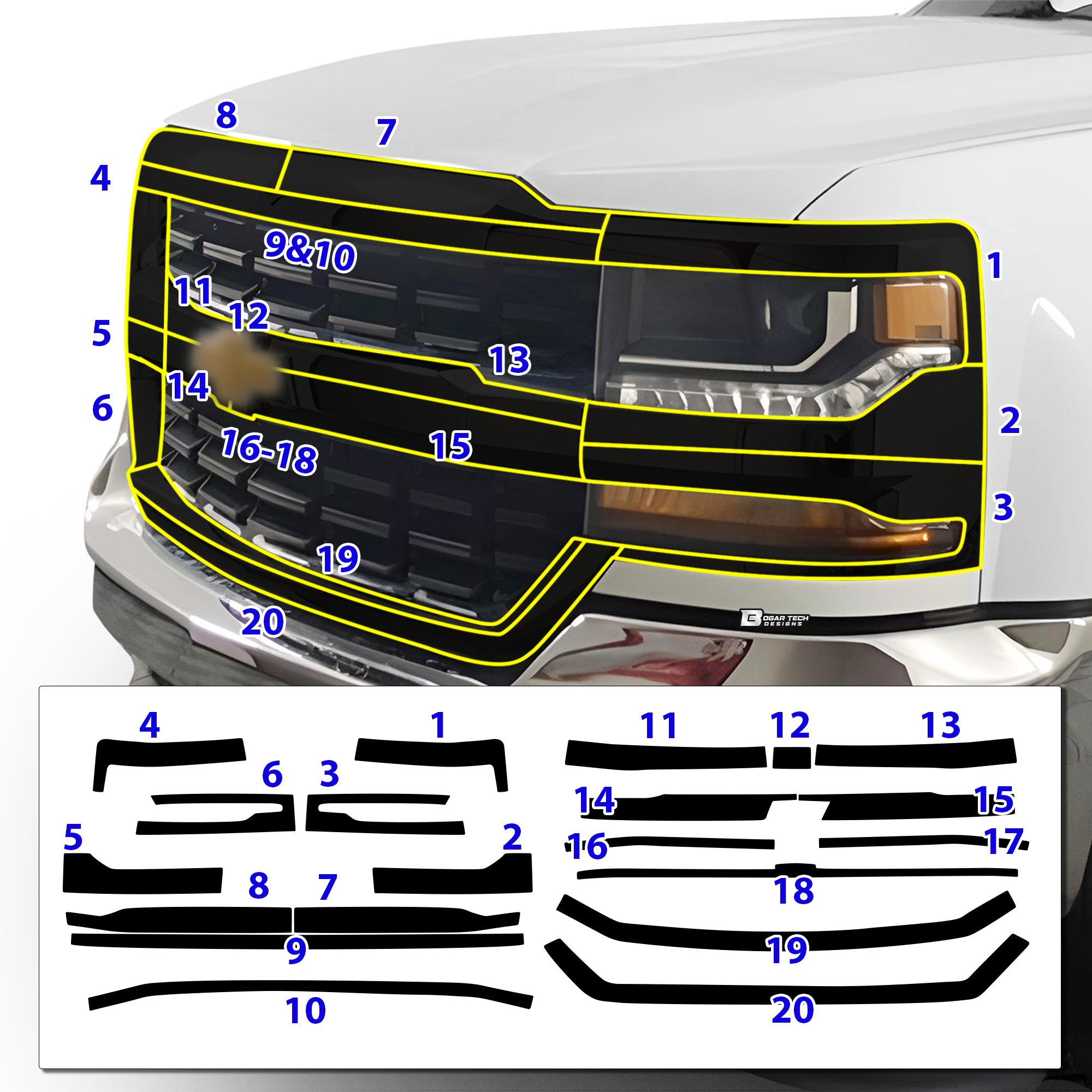 Vinyl Chrome Delete Grille Side Window Rear Blackout Decal Stickers Overlay Film Fits Chevy Silverado 1500 2014 - 2018 - Bogar Tech Designs
