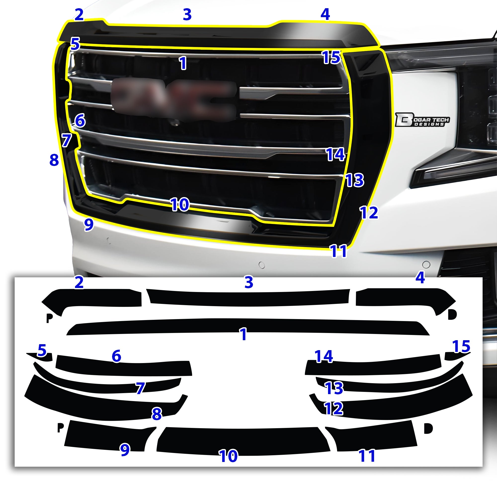 Vinyl Chrome Delete Grille Side Window Rear Blackout Decal Stickers Overlay Film Fits GMC Yukon 2021 - 2025 - Bogar Tech Designs