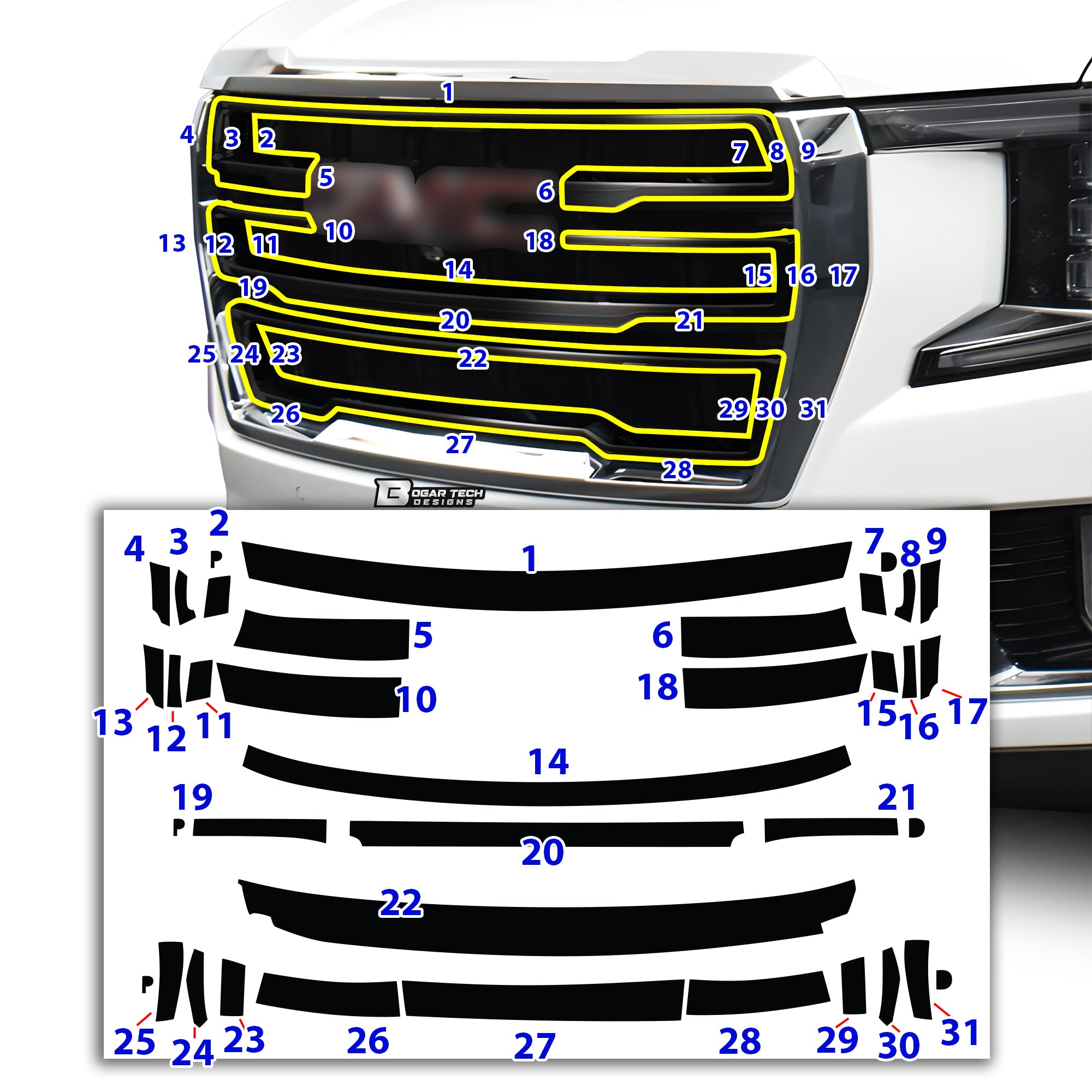 Vinyl Chrome Delete Grille Side Window Rear Blackout Decal Stickers Overlay Film Fits GMC Yukon 2021 - 2025 - Bogar Tech Designs