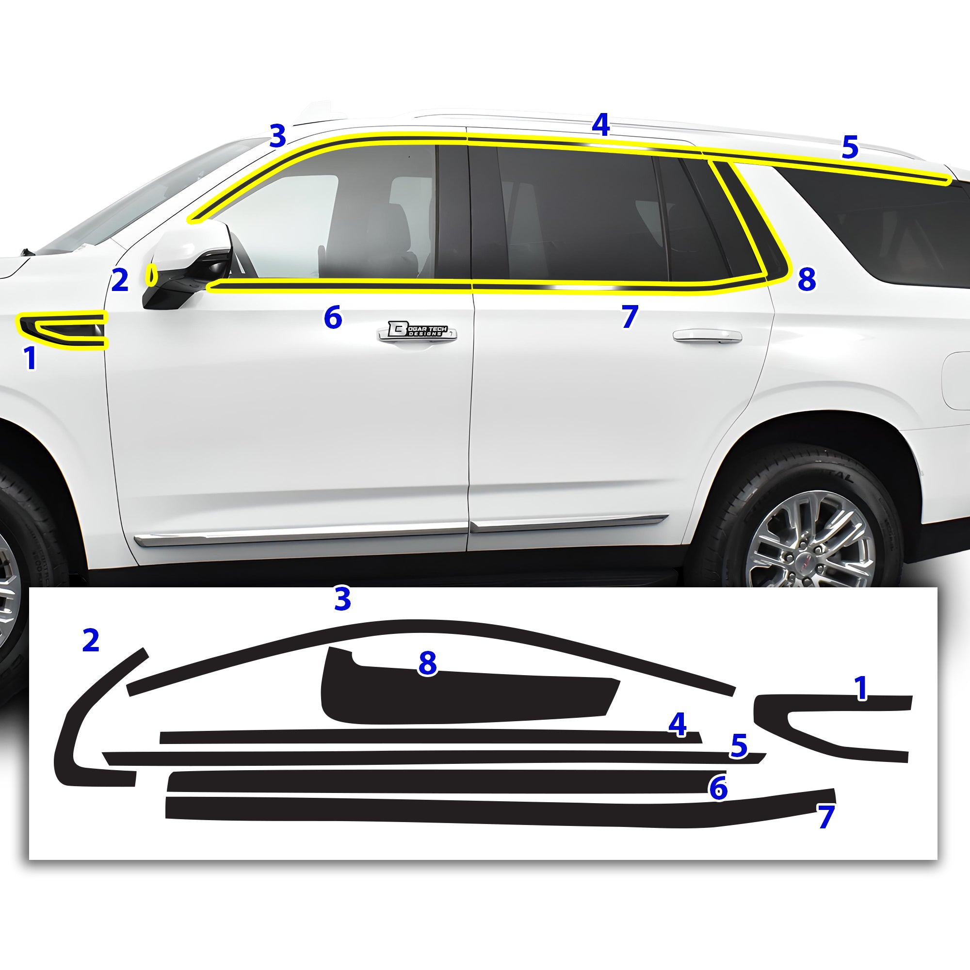 Vinyl Chrome Delete Grille Side Window Rear Blackout Decal Stickers Overlay Film Fits GMC Yukon 2021 - 2025 - Bogar Tech Designs