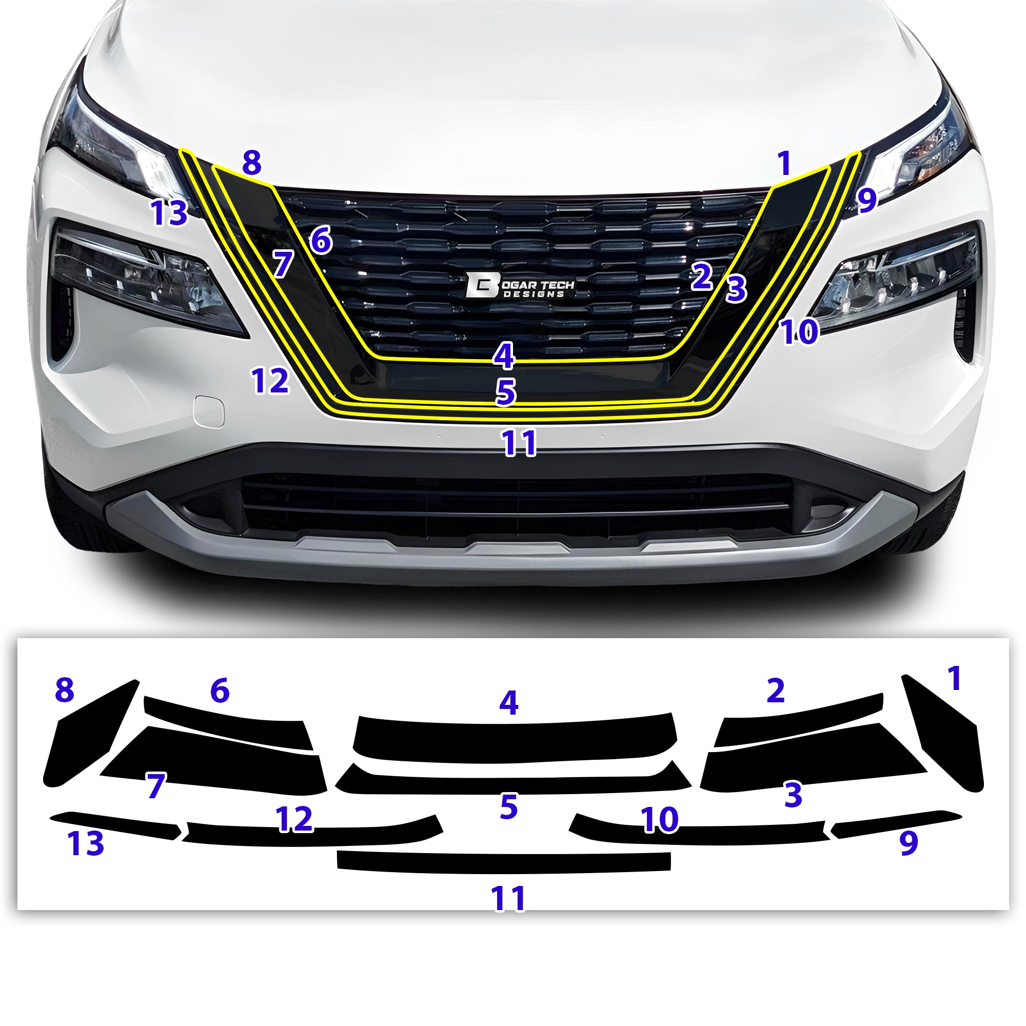 Vinyl Chrome Delete Wheel Sides Front Rear Bumper Trim Blackout Decal Stickers Overlay Film Fits Nissan Rogue 2021 - 2025 - Bogar Tech Designs