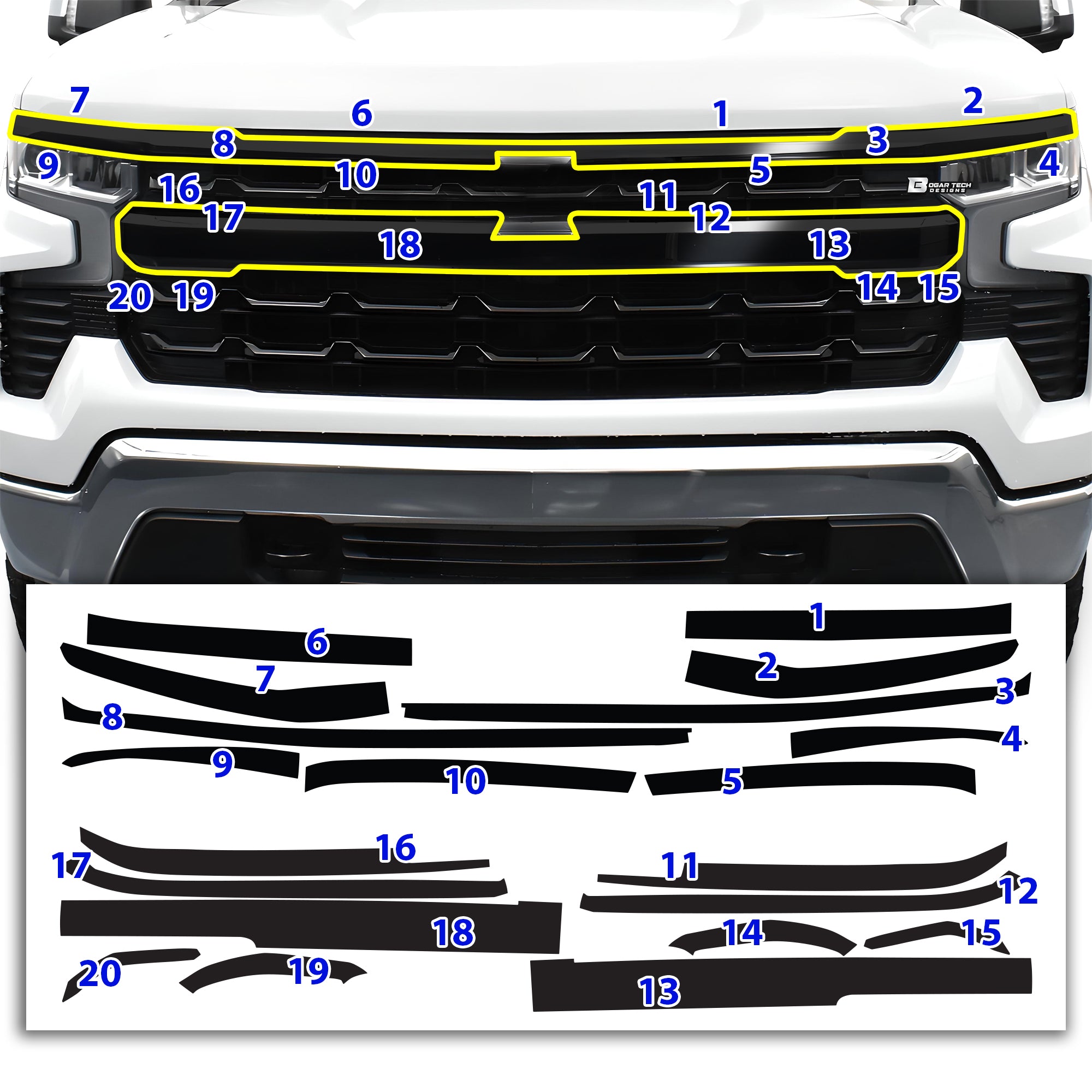 Vinyl Chrome Delete Front Grille Blackout Decal Stickers Overlay Film Fits Chevy Silverado 1500 2022 - 2025 - Bogar Tech Designs